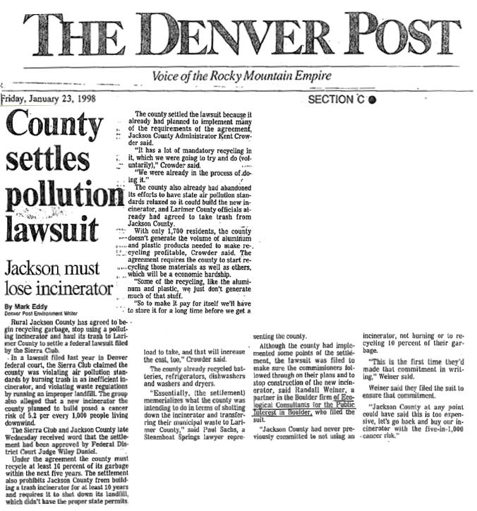 Denver Post article from 1/23/98 about Jackson county settling a pollution lawsuita pollution