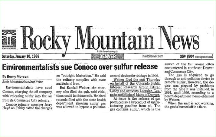 Rocky Mountain News article1/10/98 re: Environmentalists sue Conoco over sulfur release