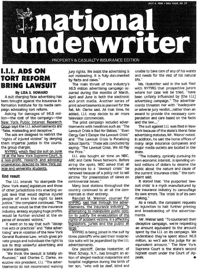 National Underwriter article, I.I.I ads on tort reform bring lawsuit