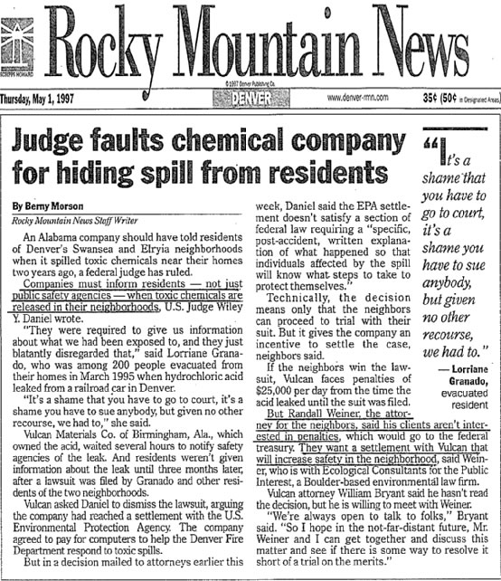 Rocky Mountain News 5/1/1997 Judge faults chemical company for hding spill from residents