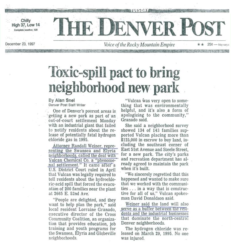 Denver Post article 12/23/97 Tosic-spill pact to bring neighborhood new park