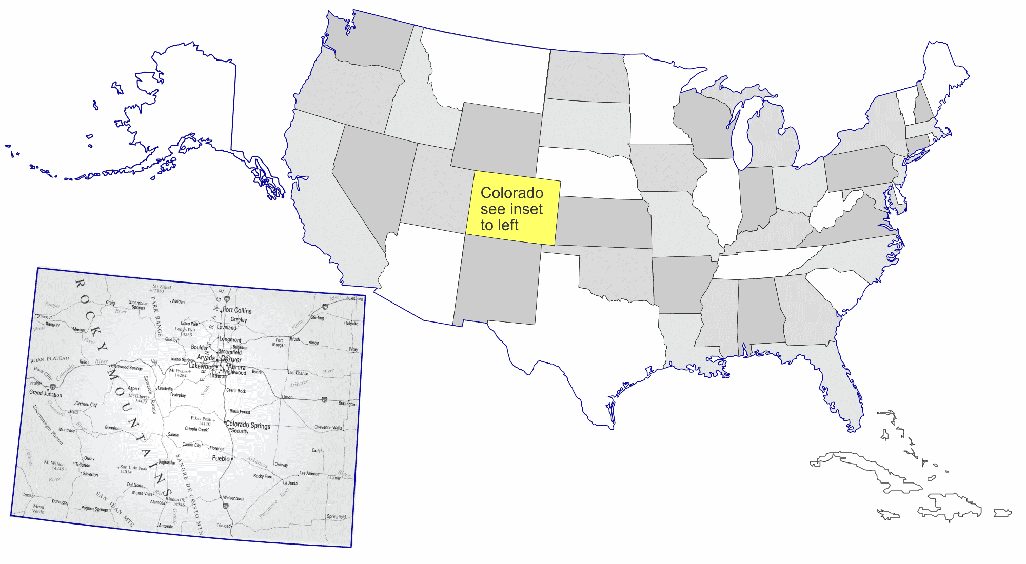 a map of the United States with an inset map of colorado, into which pins are placed to indicate the places in which Weiner & Cording have won significant cases