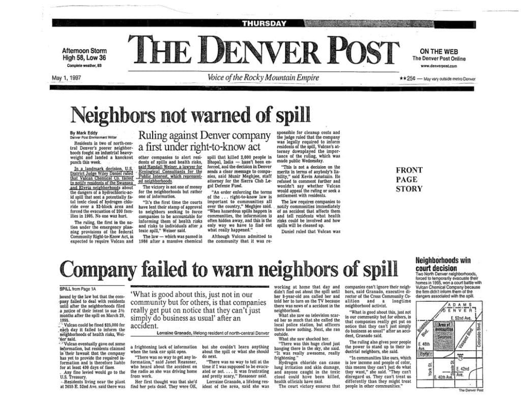 Article in the Denver Post 5/1/1997 entitled "Neighbors not warned of spill"